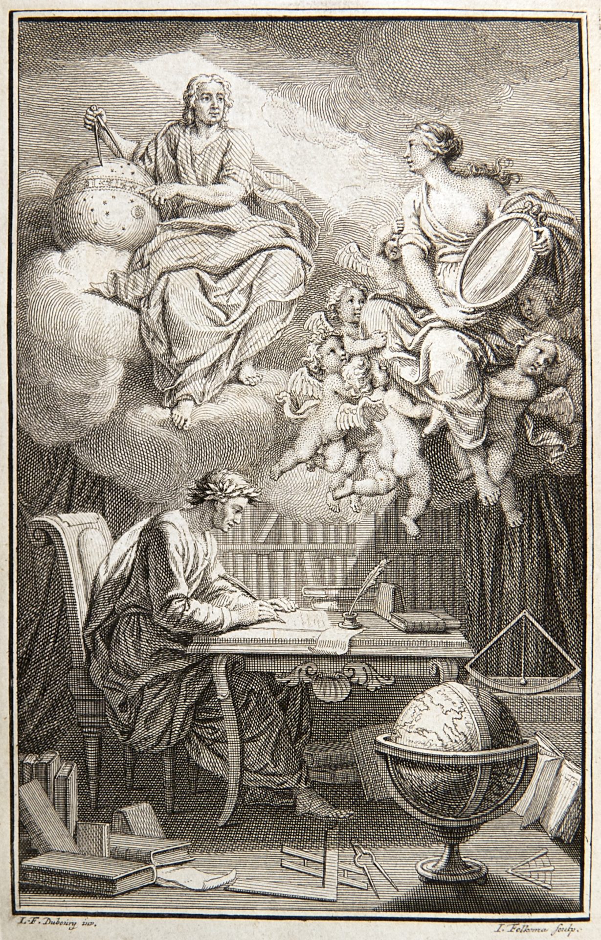 In the frontispiece to Voltaire’s interpretation of Isaac Newton’s work, Elémens de la philosophie de Newton (1738), the philosopher sits translating the inspired work of Newton. Voltaire’s manuscript is illuminated by seemingly divine light coming from Newton himself, reflected down to Voltaire by a muse, representing Voltaire’s lover Émilie du Châtelet—who actually translated Newton and collaborated with Voltaire to make sense of Newton’s work. Image source: http://hsci.cas.ou.edu/galleries/18thCentury/Voltaire/1738b/Voltaire- 1738b-000fp-image/