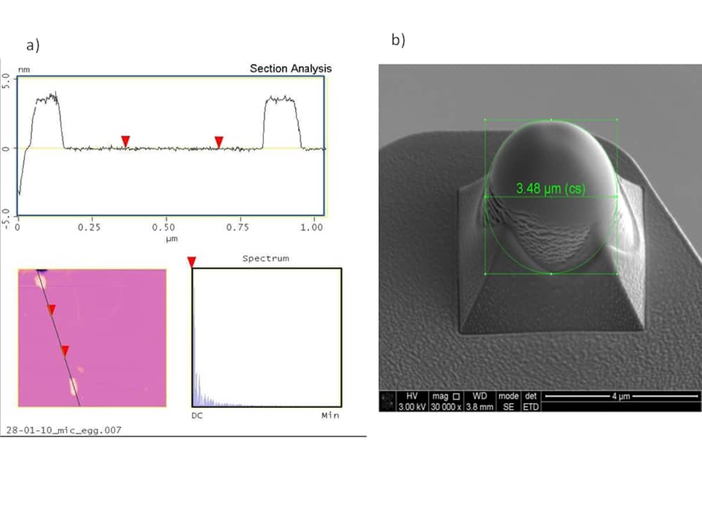 Figure 1: a) Section view, plan view and spatial spectrum of Egg-PC planar layer partially coating mica substrate b) Platinum Coated Silicon Nitride AFM tip for planar membrane testing