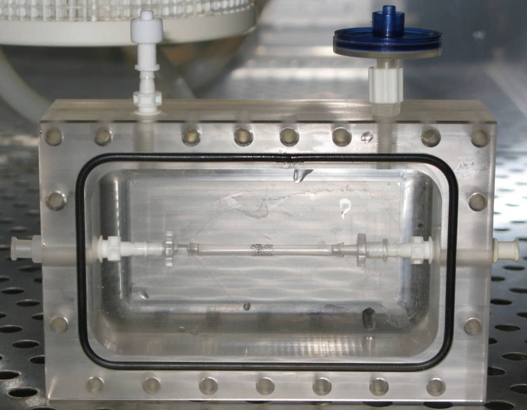 Figure 1: Bioreactor with a perfused stented Sylgard™ mock coronary artery.