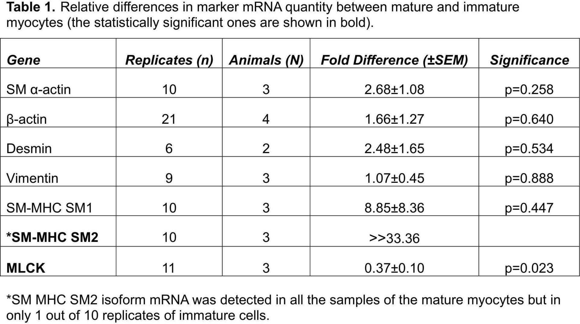 Table 1. Relative differences in marker mRNA quantity between mature and immature myocytes (the statistically significant ones are shown in bold).