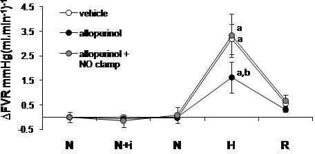 Fig. 1 Absolute changes from baseline in femoral vascular resistance (FVR). Values represent mean±SEM for normoxia (N) normoxia + infusion (N+i) hypoxia (H) or recovery (R) time points. Significant differences are: a P<0.05 vs. normoxia b P<0.05 vs. vehicle; two way ANOVA + Tukey Test.