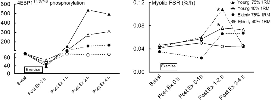 Figure 1. Effects of resistance exercise on phosphorylation of binding protein of eukaryotic initiation factor 4E (4EBP1) (arbitrary units % basal) and MPS (%/h) * = P<0.05 vs. basal (ANOVA with Bonferroni post hoc adjustment).