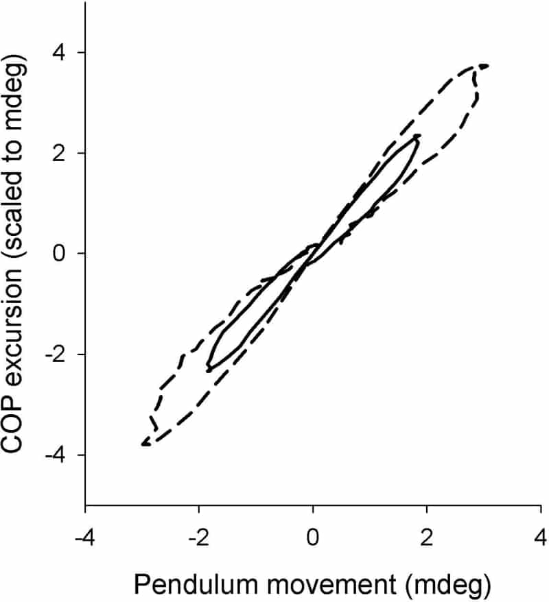 Figure 1. Comparison of averaged movements of young (continuous line) and older (broken line) subjects. The example shown is for movements in the ML plane with eyes open.