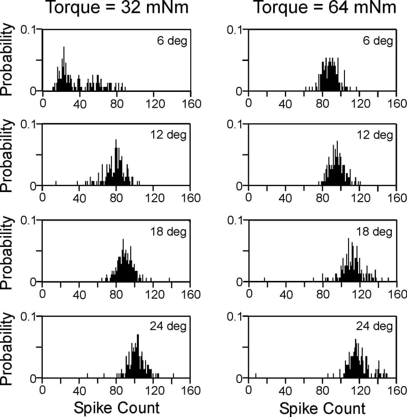 Figure 2. Distribution of spike counts during the 2s hold period for the cell shown in Fig. 1.