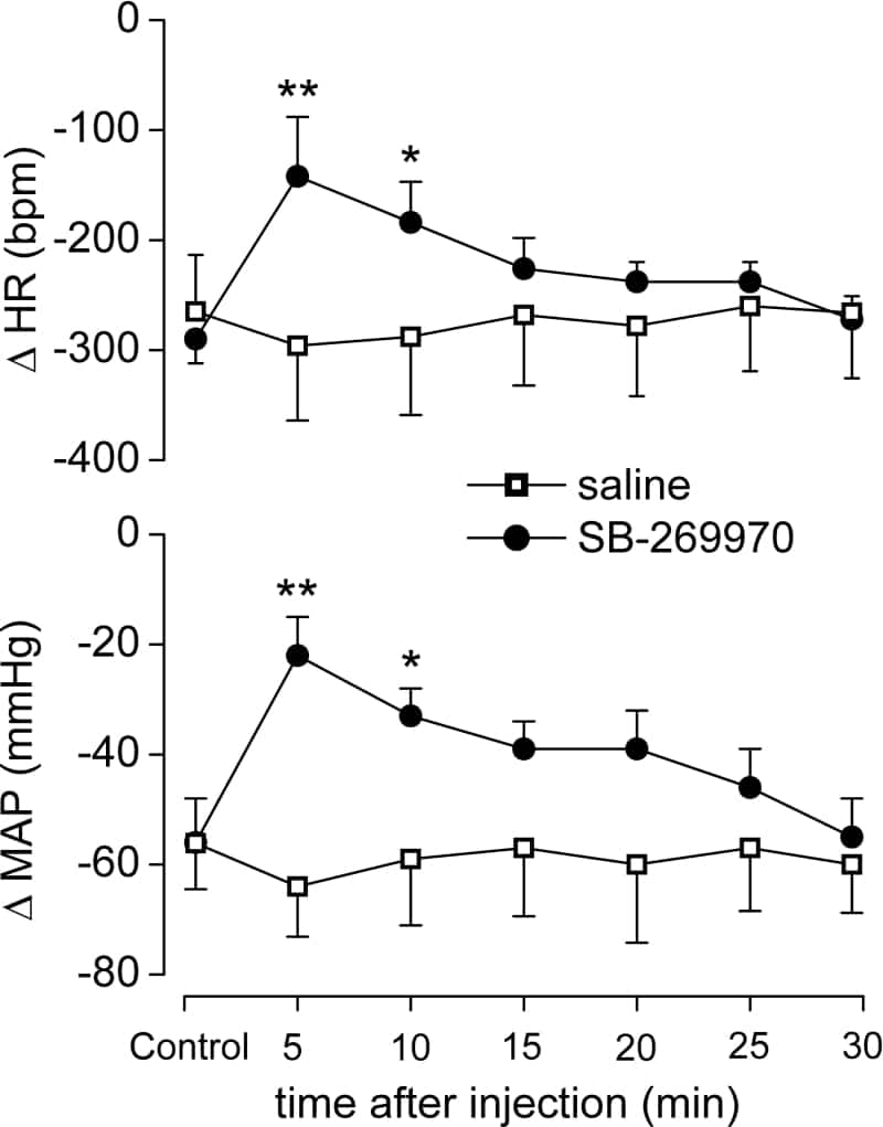 Figure 1. Mean (± s.e.m.) cardiopulmonary reflex-evoked changes (Î”) in HR and MAP in awake rats treated with i.c. saline (5 Î¼l) or SB-269970 (100 Î¼g kg-1; n = 5). * P < 0.05 ** P < 0.01 (cf. saline).