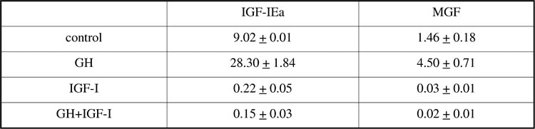 Table 1. IGFIa and MGF transcript levels (x 10-8 ng mRNA / µg RNA) in C2C12 cells following GH and IGF-I treatment.Data are Means ± S.D. of three separate experiments. * Significant difference (P<0.5) relative to control (unpaired t-test).
