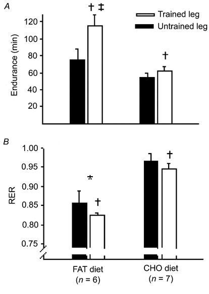 \"Figure 1. One-leg performance (A) and RER (B) during exercise at 95 % Wmax after 4 weeks adaptation to FAT or CHO diet and one-leg training. *P < 0.05, FAT vs. CHO, †P < 0.05, trained leg vs. untrained leg, ‡P < 0.05, trained leg (FAT) vs. trained leg (CHO).\"