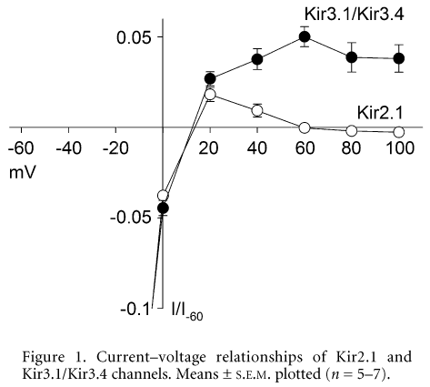 Figure 1. Current-voltage relationships of Kir2.1 and Kir3.1/Kir3.4 channels. Means ± S.E.M. plotted (n = 5-7).
