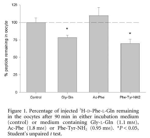 Figure 1. Percentage of injected 3H-D-Phe-L-Gln remaining in the oocytes after 90 min in either incubation medium (control) or medium containing Gly-L-Gln (1.1 mM), Ac-Phe (1.8 mM) or Phe-Tyr-NH2 (0.95 mM). *P < 0.05, Student's unpaired t test.\"