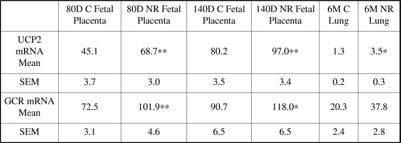mRNA abundance in Fetal Placenta and Adolescent LungSignificantly different from age matched controls:*p<0.05 **p<0.01