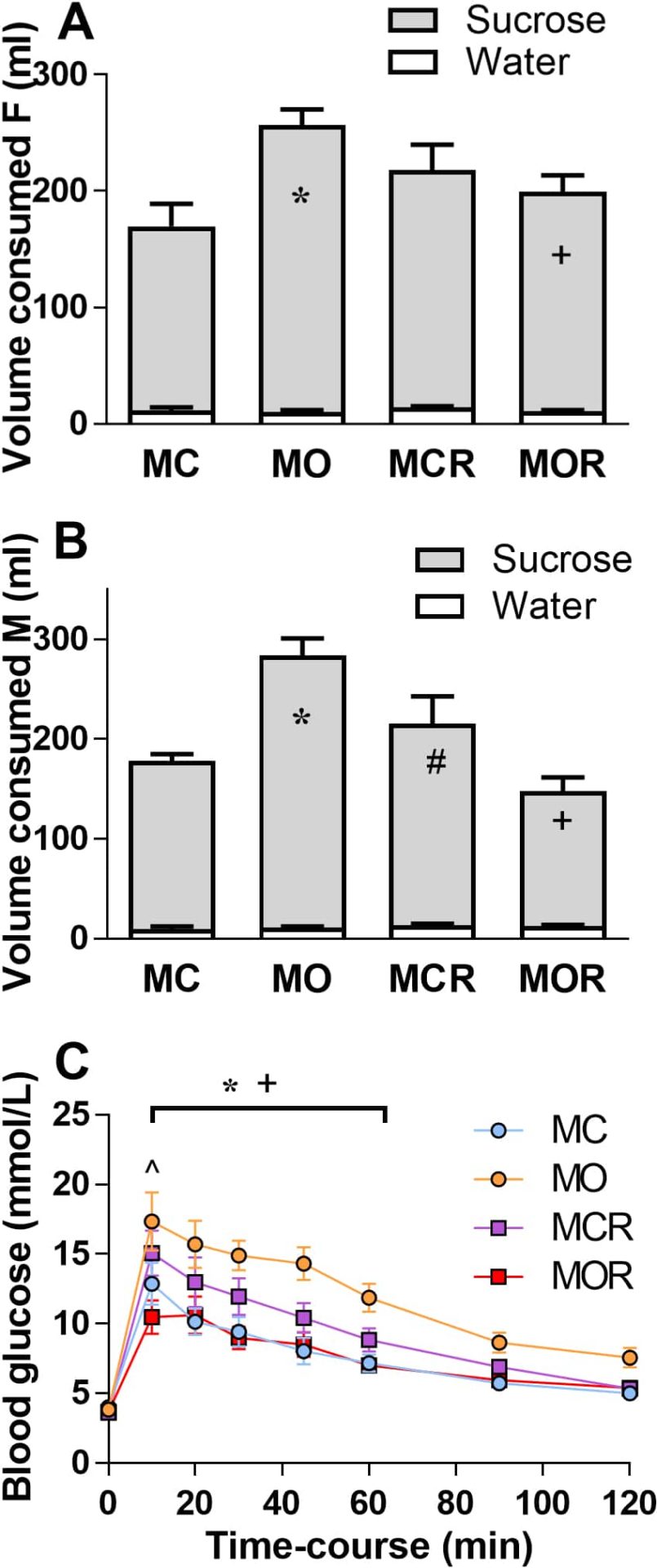 Figure 1. Volume of sucrose solution (4%) and water during a 48h-challenge in (A) males and (B) females at 40 days of age. Blood glucose level following a single dose (2g/kg) of glucose in females at 8 months of age (C). Significant difference * MC vs. MO; + MO vs. MOR; ^ MC vs. MCR; and # MCR vs. MOR (P<0.05,Two-way ANOVA with Tukey post hoc test).