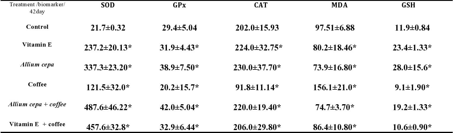 Table 1: Effects of Allium cepa, coffee, and vitamin E and combinations on serum biomarkers