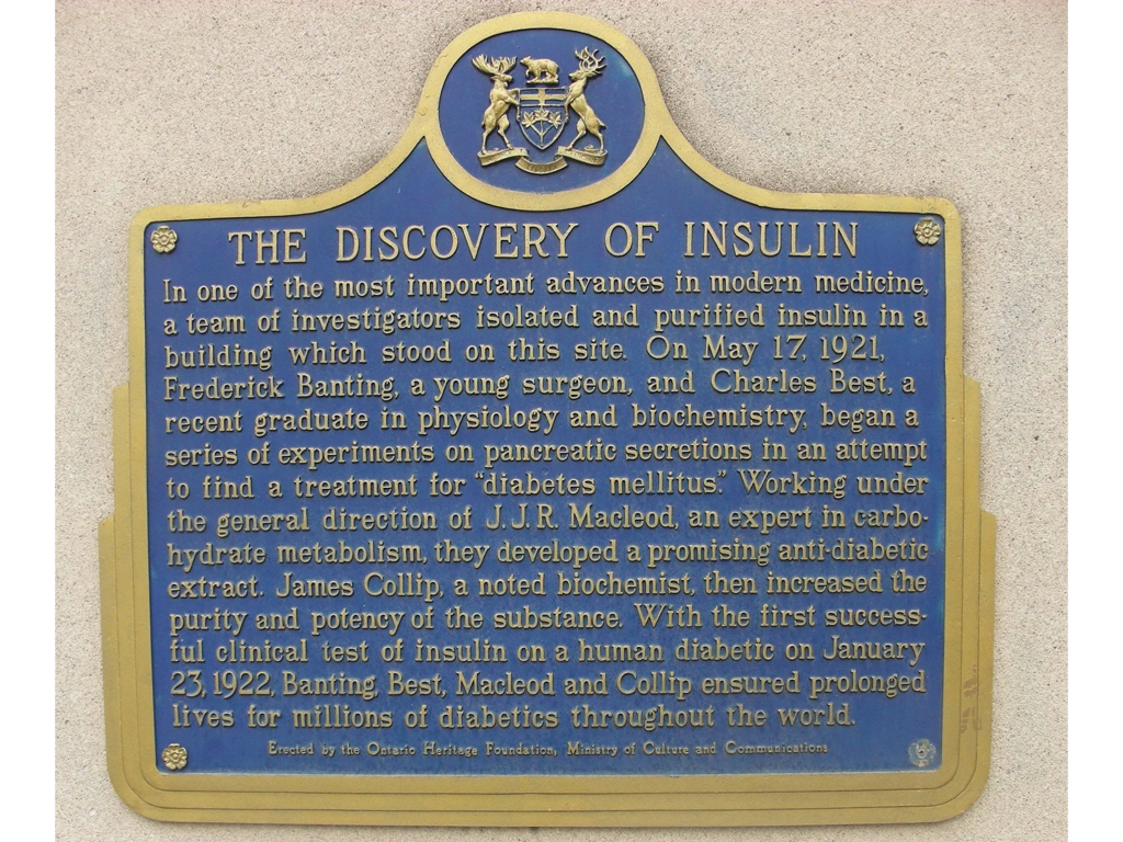 The plaque at the University of Toronto commemorating the discovery of insulin. 