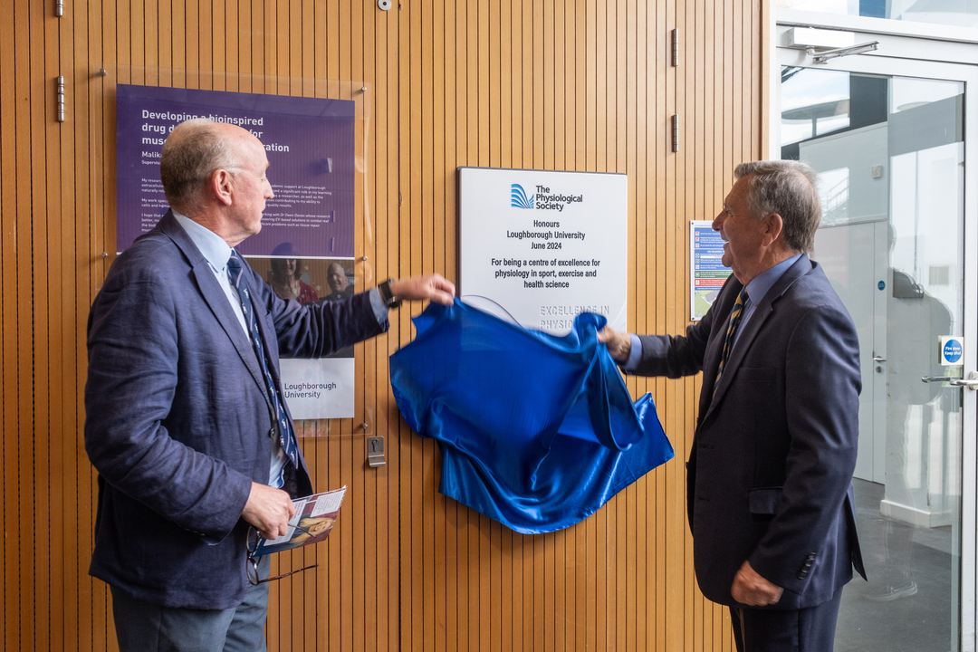 The Excellence in Physiology plaque, unveiled by Professor Clyde Williams (Loughborough University) and Professor Mike Tipton (University of Portsmouth)