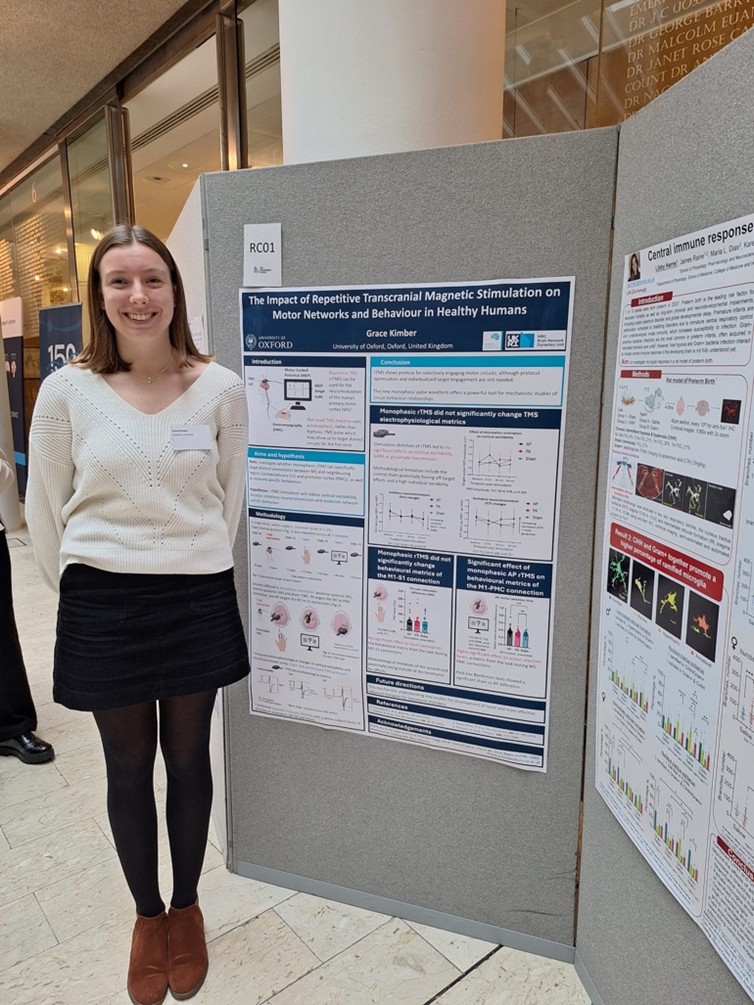Grace standing next to her poster, ‘Investigating the impact of repetitive transcranial magnetic stimulation (TMS) on motor networks and behaviour in healthy humans’.